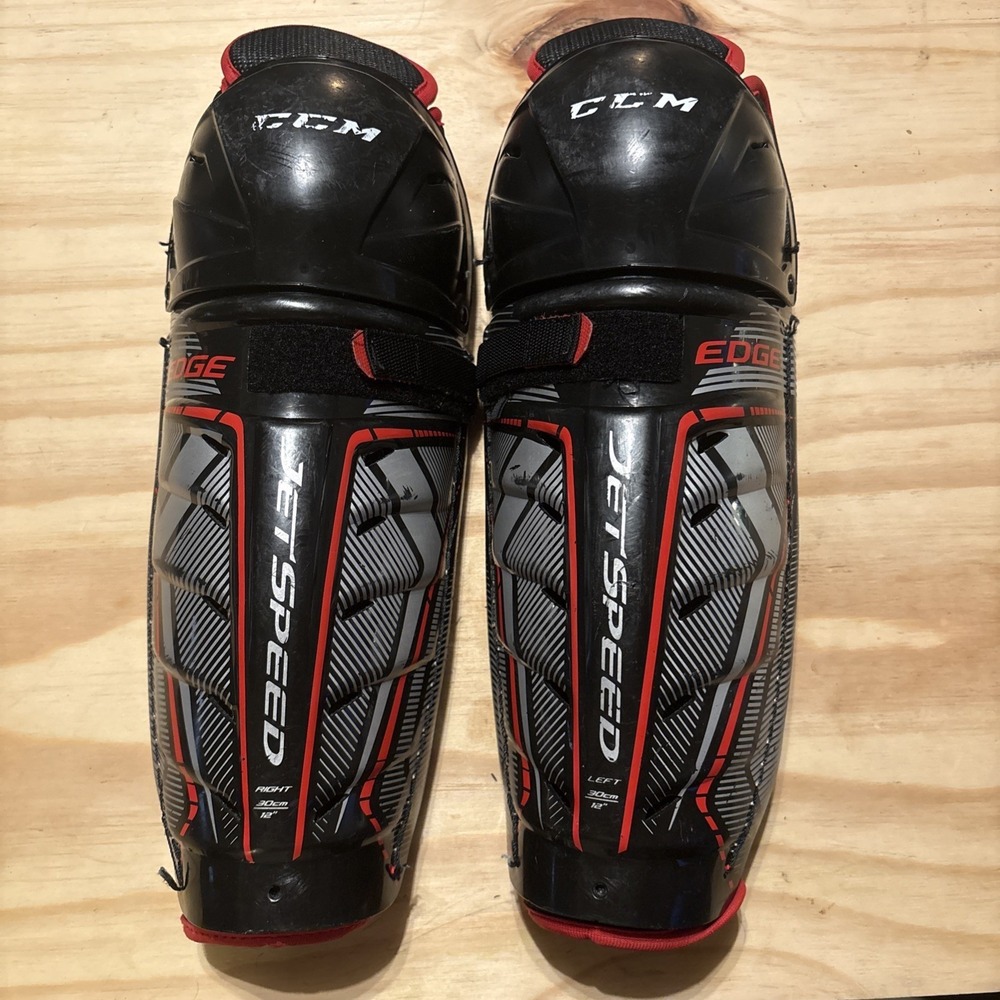 CCM EDGE JETSPEED 12" Youth Hockey Shin Guards 30cm Black Very Good Cond.